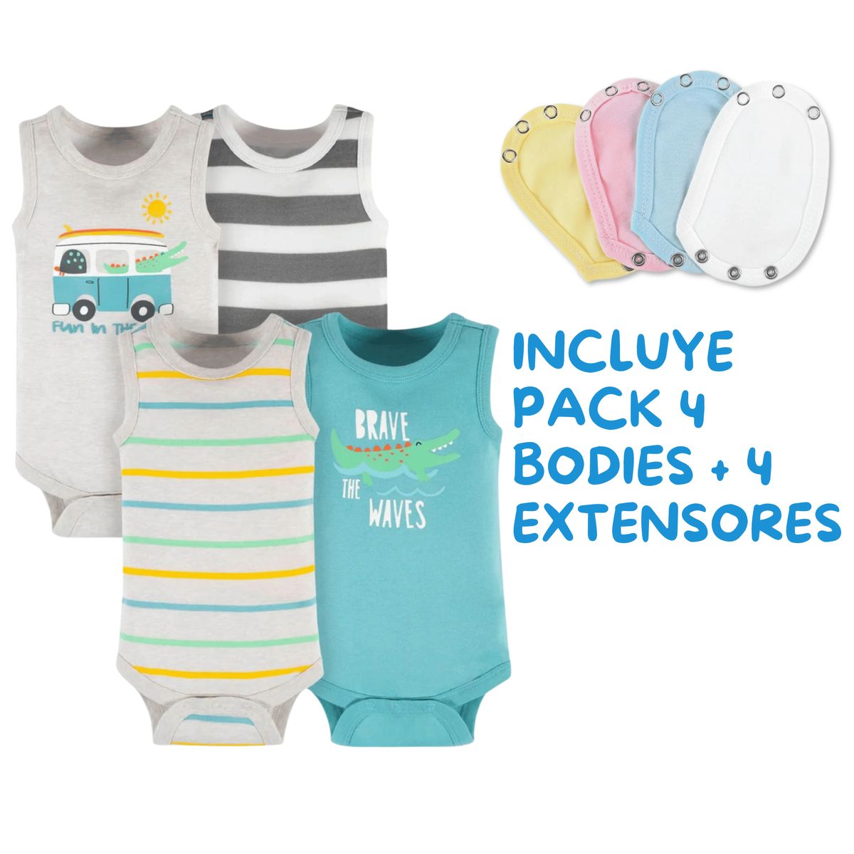 TEDMIMAK - Pack 4 Unidades Extensor Body Bebé +Pack 4 Body Niño Cocodrilo Animado