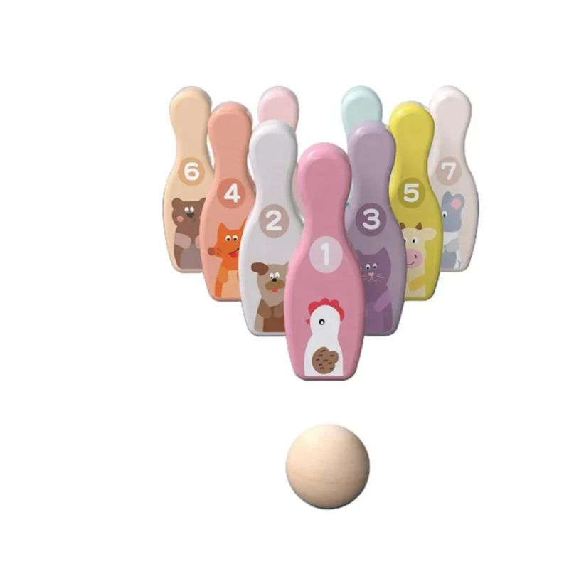 SPACEZAT - Set Juego De Bowling De Madera Animalitos 9 Bolos Y 1 Pelota