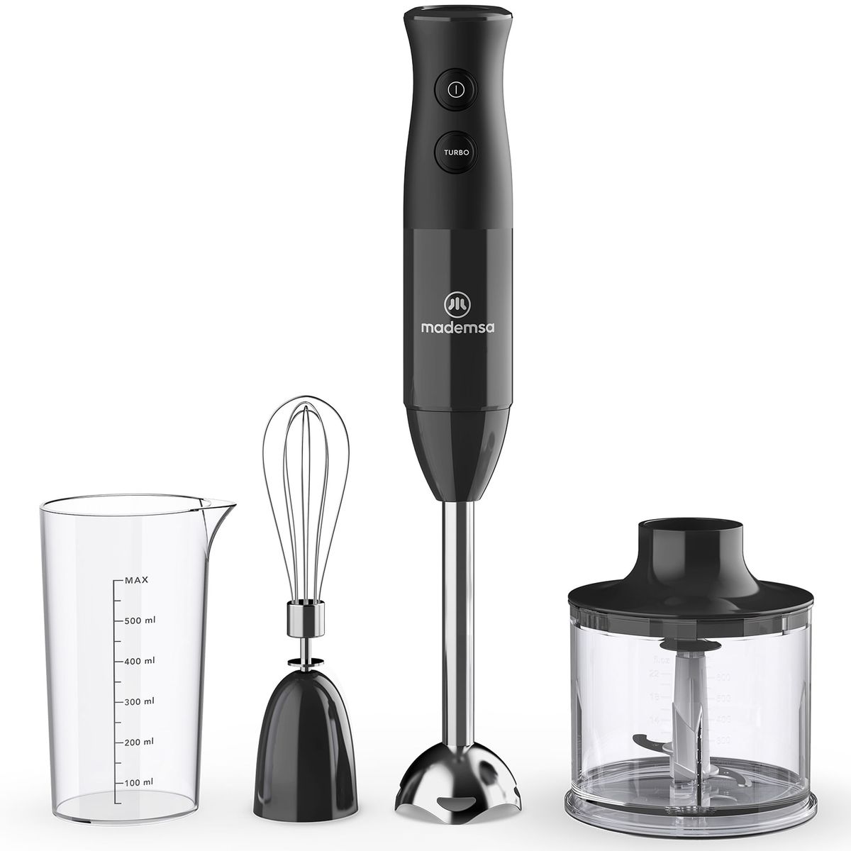 MADEMSA - Minipimer 3 en 1 Mademsa con 2 velocidades y Tecnología Súper Textura MIB20 Negro