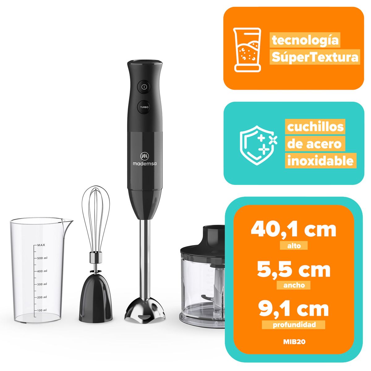 MADEMSA - Minipimer 3 en 1 Mademsa con 2 velocidades y Tecnología Súper Textura MIB20 Negro