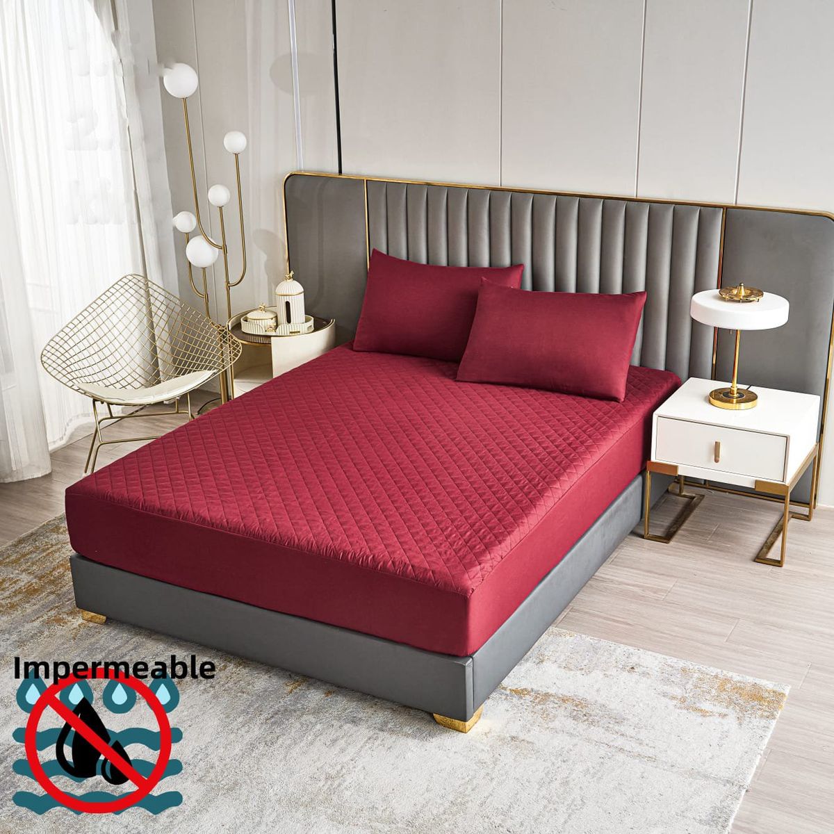 GENERICO - TOPPER IMPERMEABLE O CUBRE COLCHON 2 PLAZAS COLOR LISO BURDEO TF