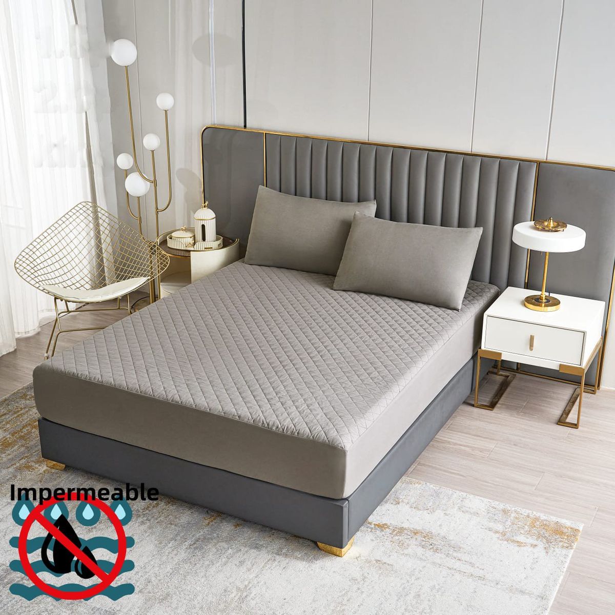 GENERICO - TOPPER IMPERMEABLE O CUBRE COLCHON KING COLOR LISO GRIS CLARO TF