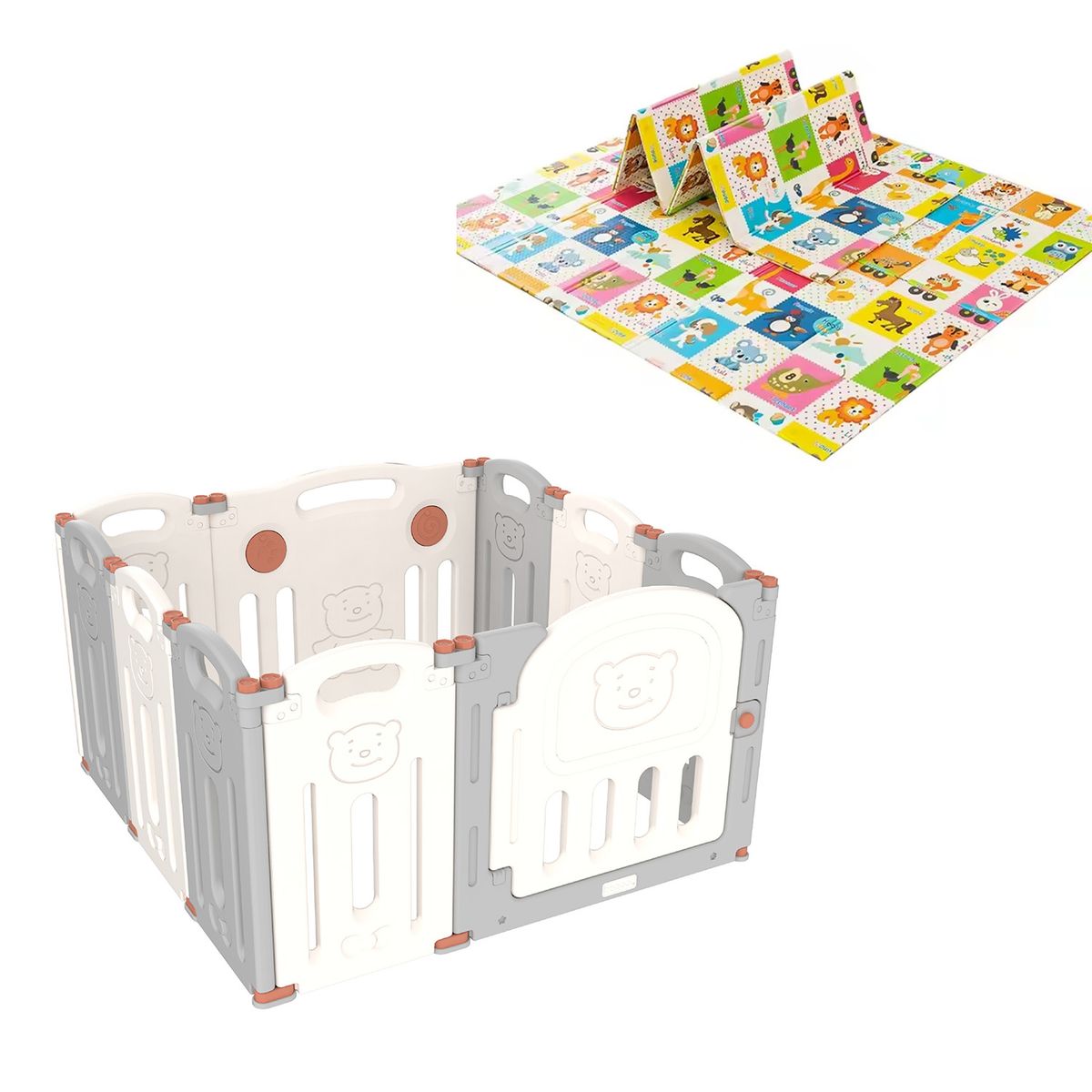 BBQOOL - Corral Didáctico de Juegos Plegable Teddy Grey + Alfombra