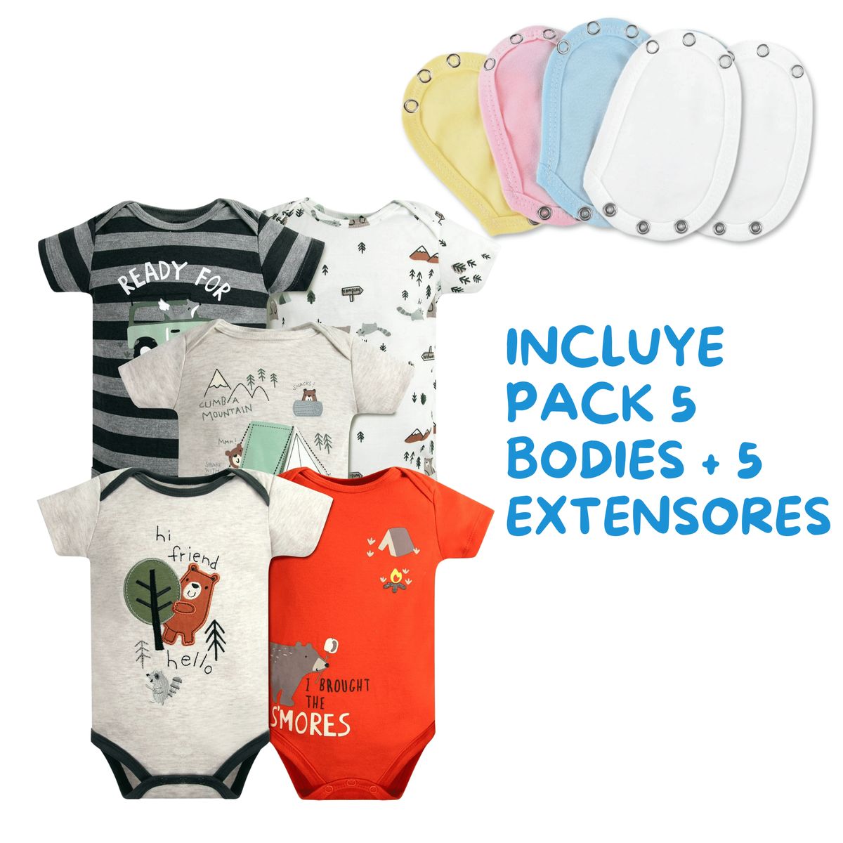 TEDMIMAK - Pack 5 Unidades Extensor Body Bebé +Pack 5 Bodys Niño Oso Amistoso