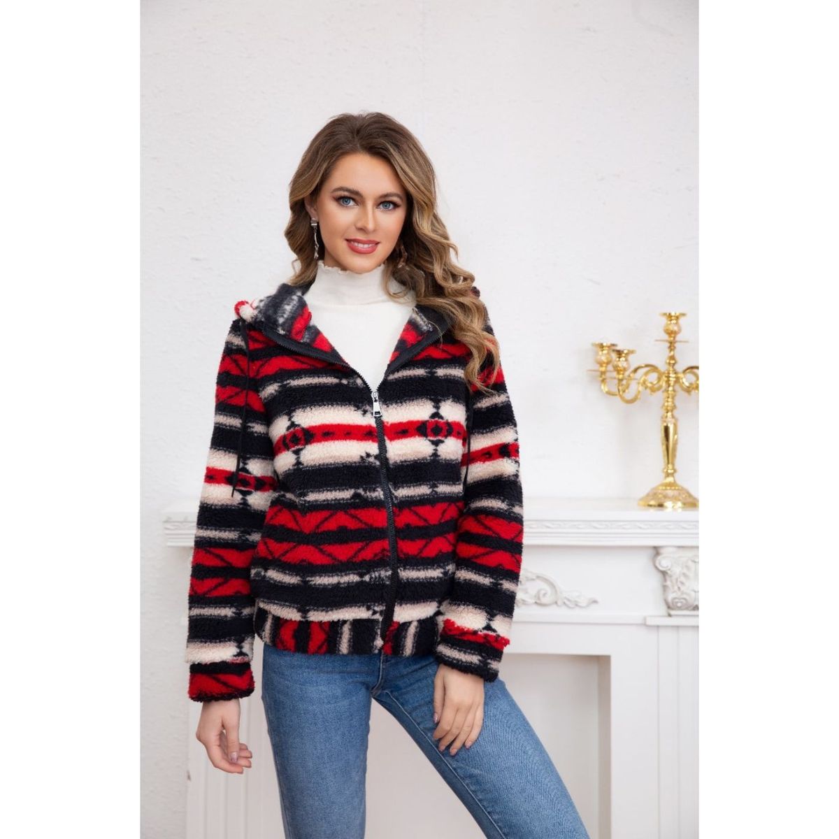 LIKE SHOP - Polerón Peludo Étnico Otoño Invierno Chaqueta Cierre Mujer 6079