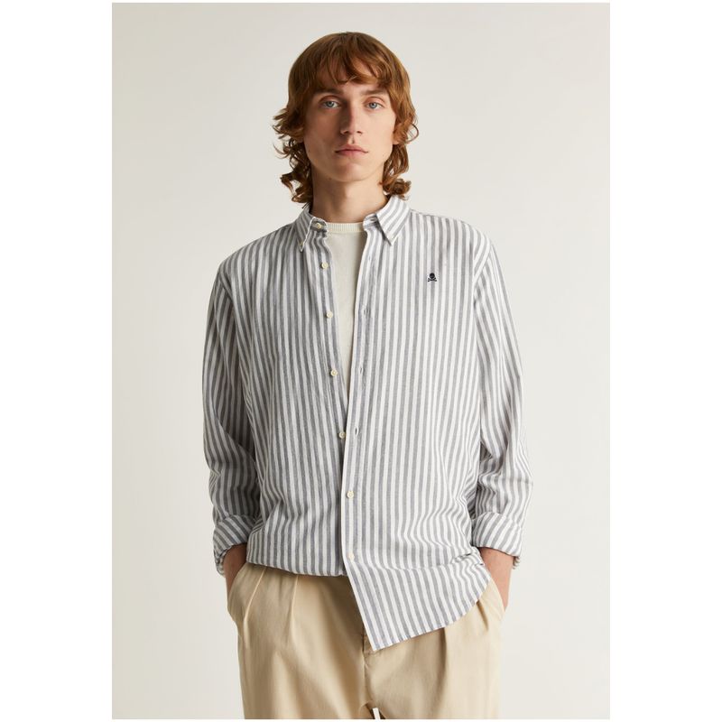 SCALPERS - Camisa Lino Rayas Cuello Botones Greyish Blue