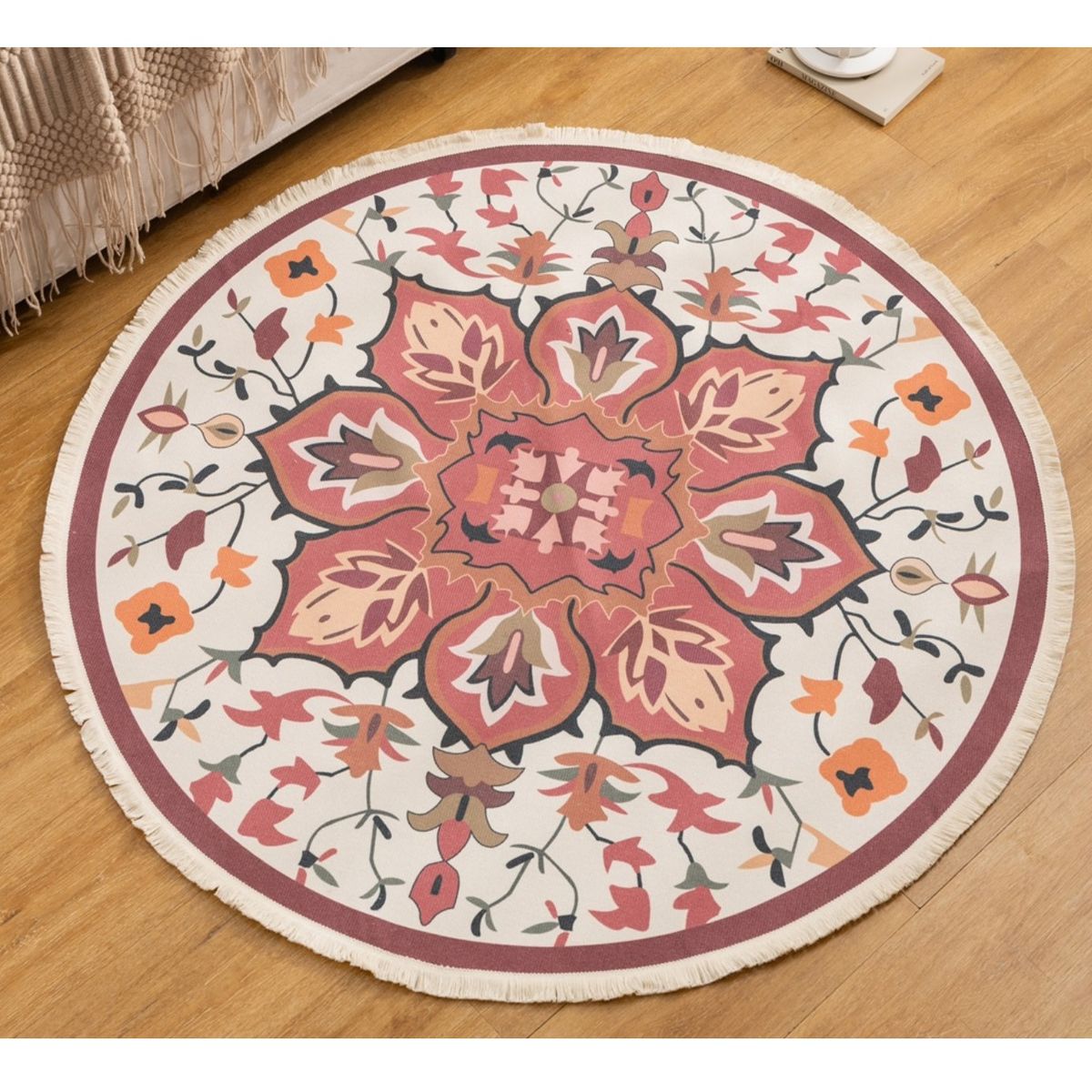 COMPRAPO - Alfombra Redonda Estilo Bohemio Mandala Coral 120 Cm