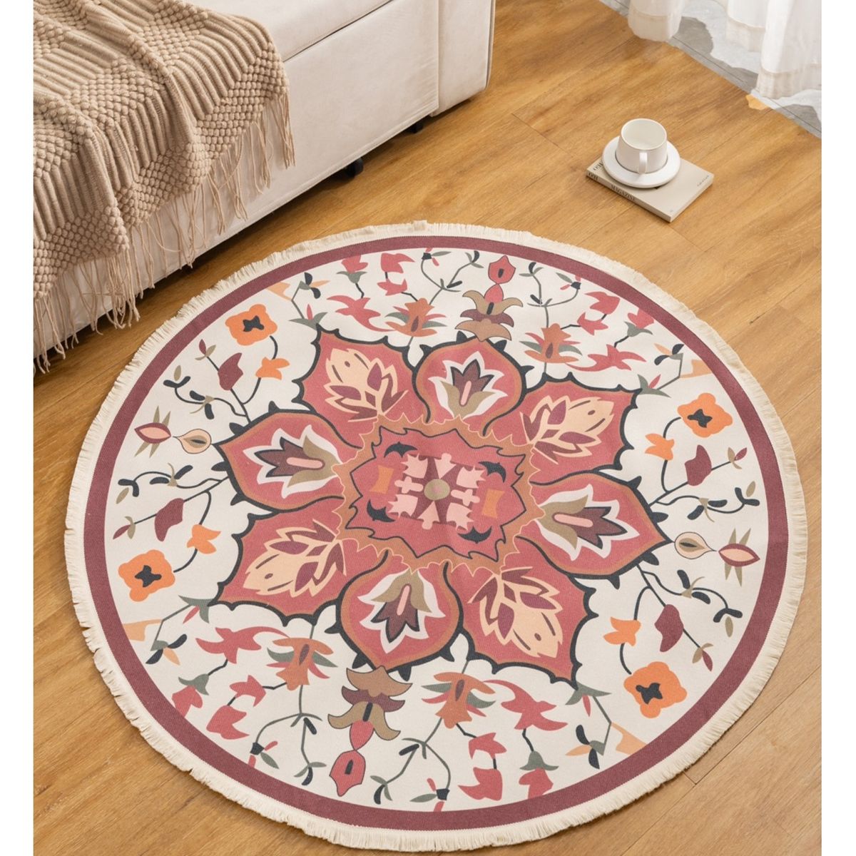 COMPRAPO - Alfombra Redonda Estilo Bohemio Mandala Coral 120 Cm