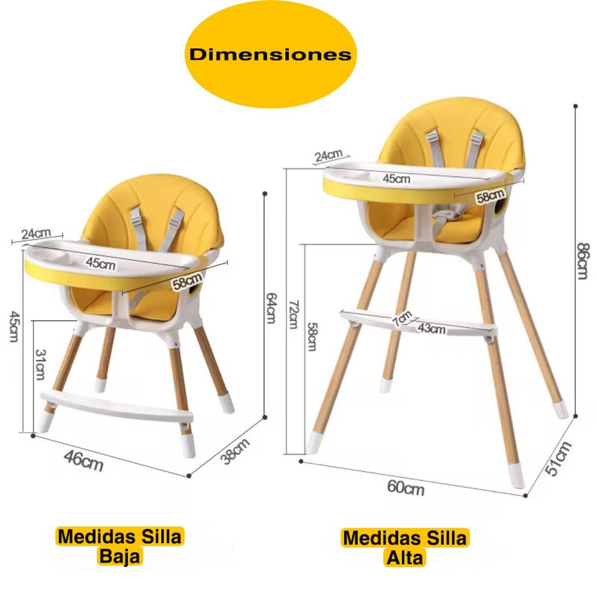 ACTUAL - Silla de Comer Para Bebé 2 En 1 Color Amarillo