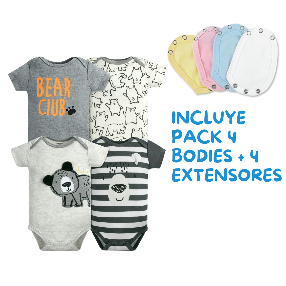 TEDMIMAK - Pack 4 Unidades Extensor Body Bebé +Pack 4 Bodys Niño Bear Club
