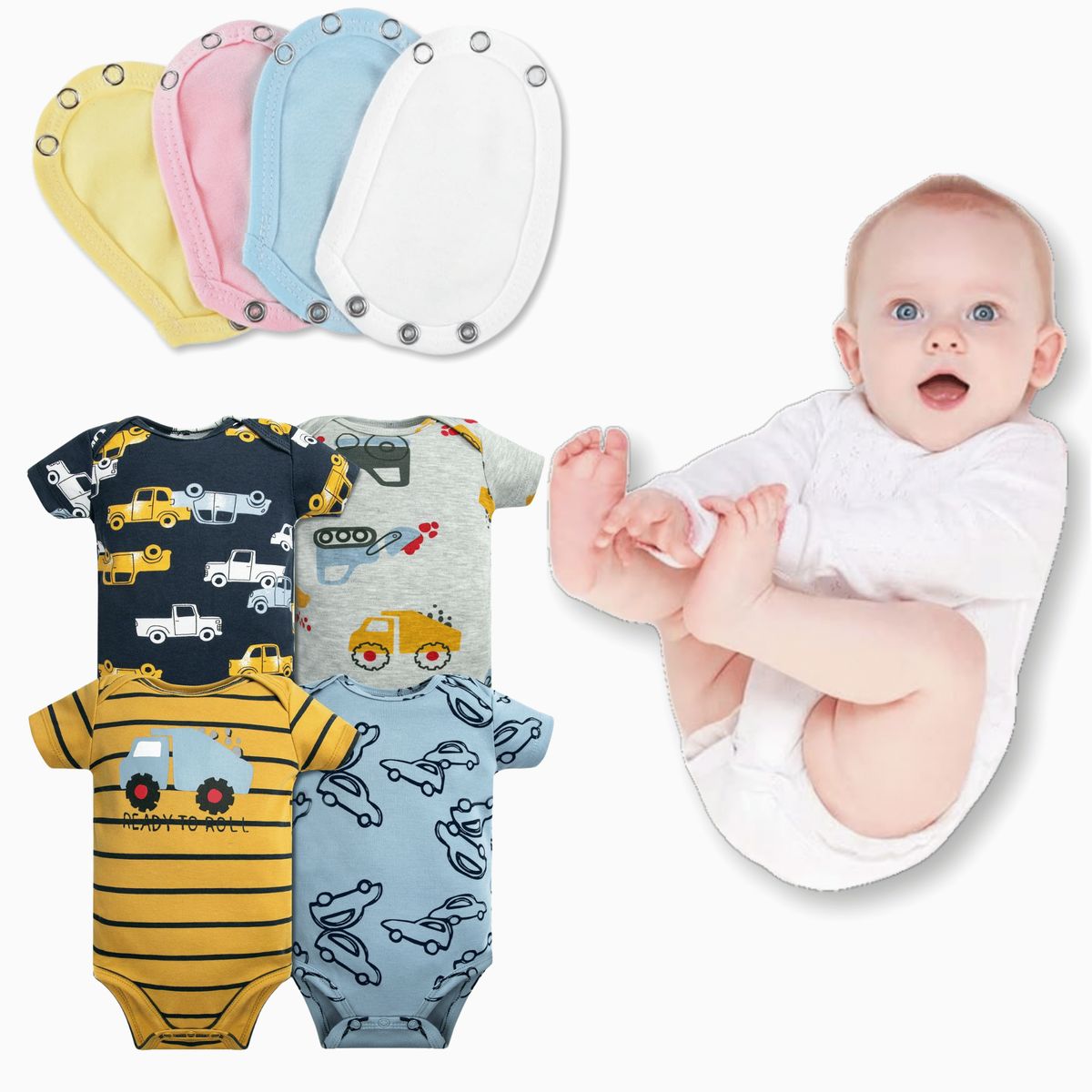 TEDMIMAK - Pack 4 Unidades Extensor Body Bebé +Pack 4 Bodys Autos Amarillos