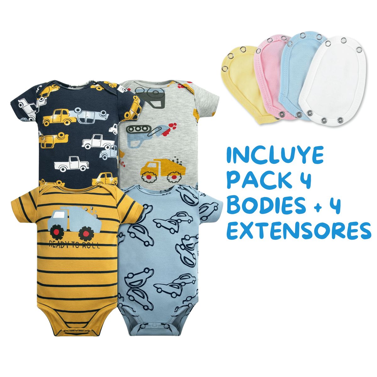 TEDMIMAK - Pack 4 Unidades Extensor Body Bebé +Pack 4 Bodys Autos Amarillos