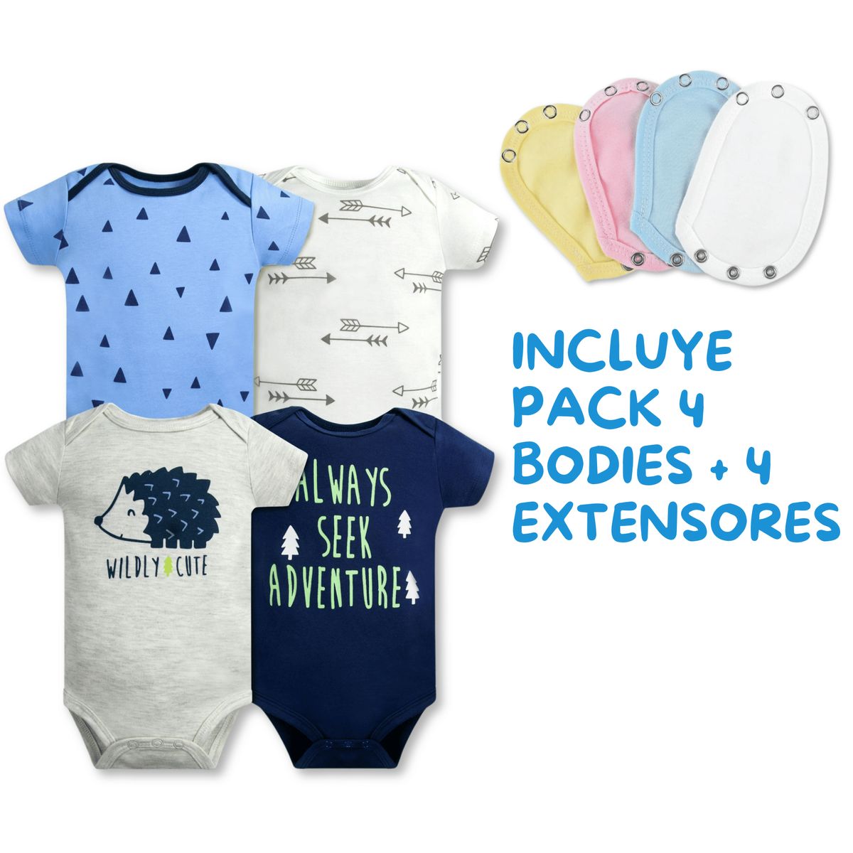 TEDMIMAK - Pack 4 Unidades Extensor Body Bebé +Pack 4 Bodys Niño Puercoespín Azul