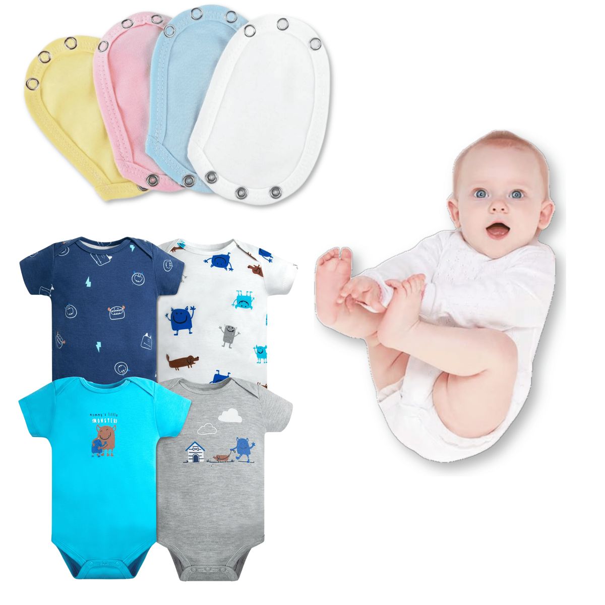 TEDMIMAK - Pack 4 Unidades Extensor Body Bebé +Pack 4 Bodys Niño Blue Monster