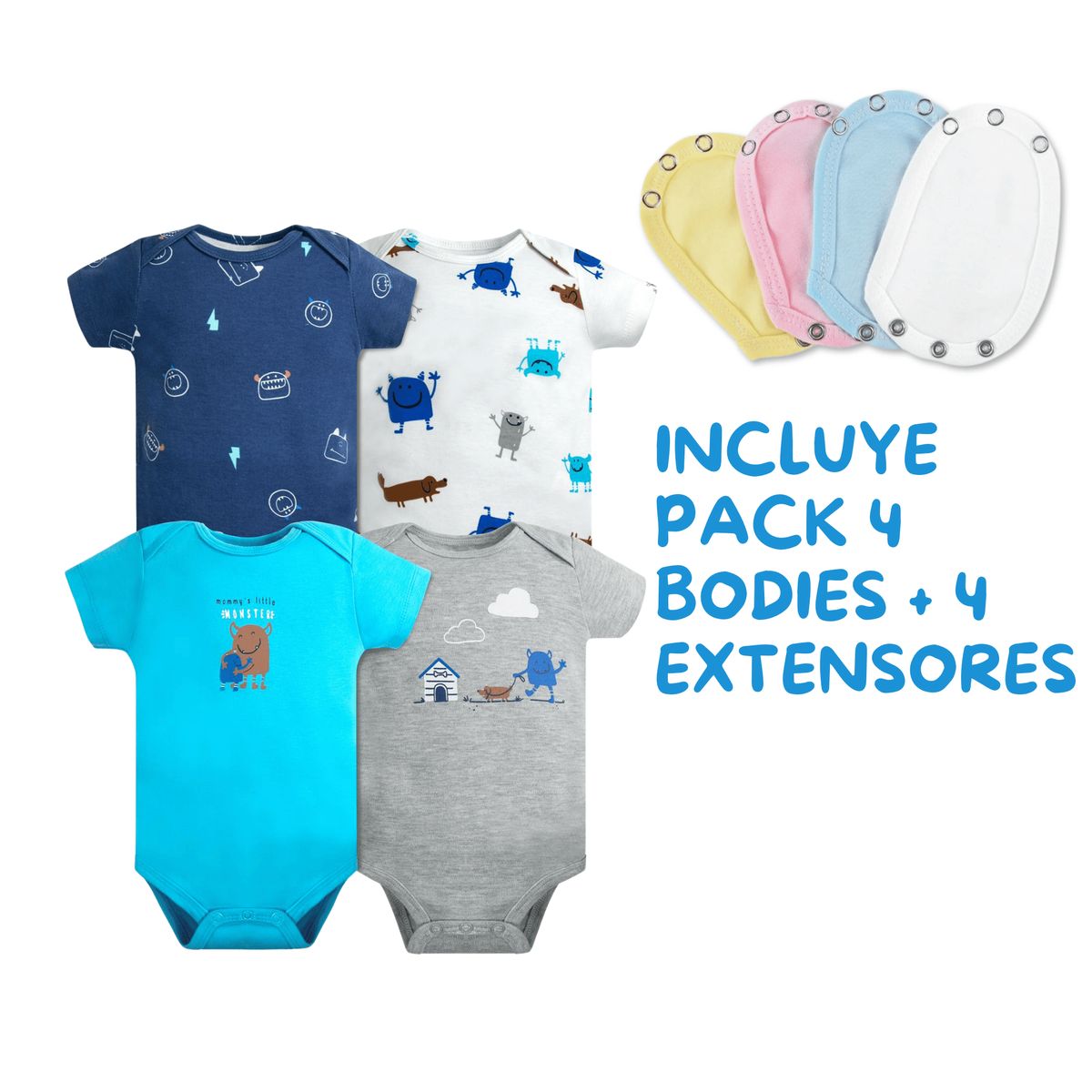 TEDMIMAK - Pack 4 Unidades Extensor Body Bebé +Pack 4 Bodys Niño Blue Monster
