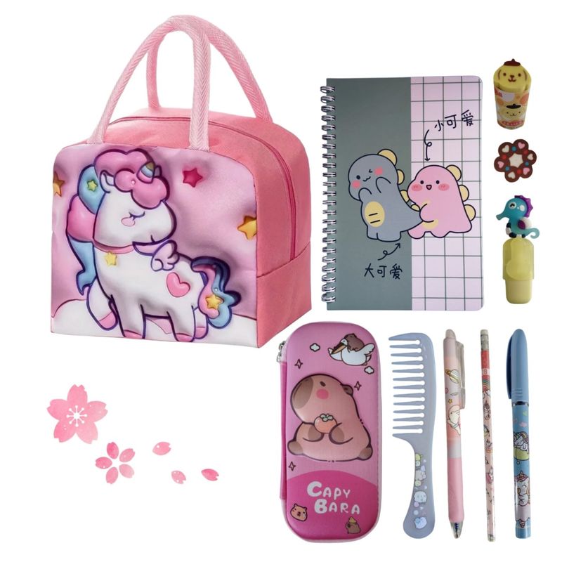GENERICO - Pack escolar Lonchera térmica papelería kawaii y estuche