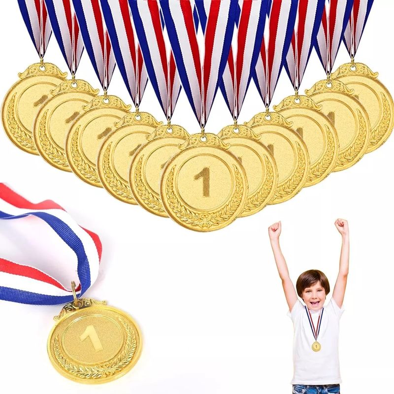 KUANGYE - 10 Pcs Medallas Deportiva Metálica Con Cinta Grabado 7cm Oro