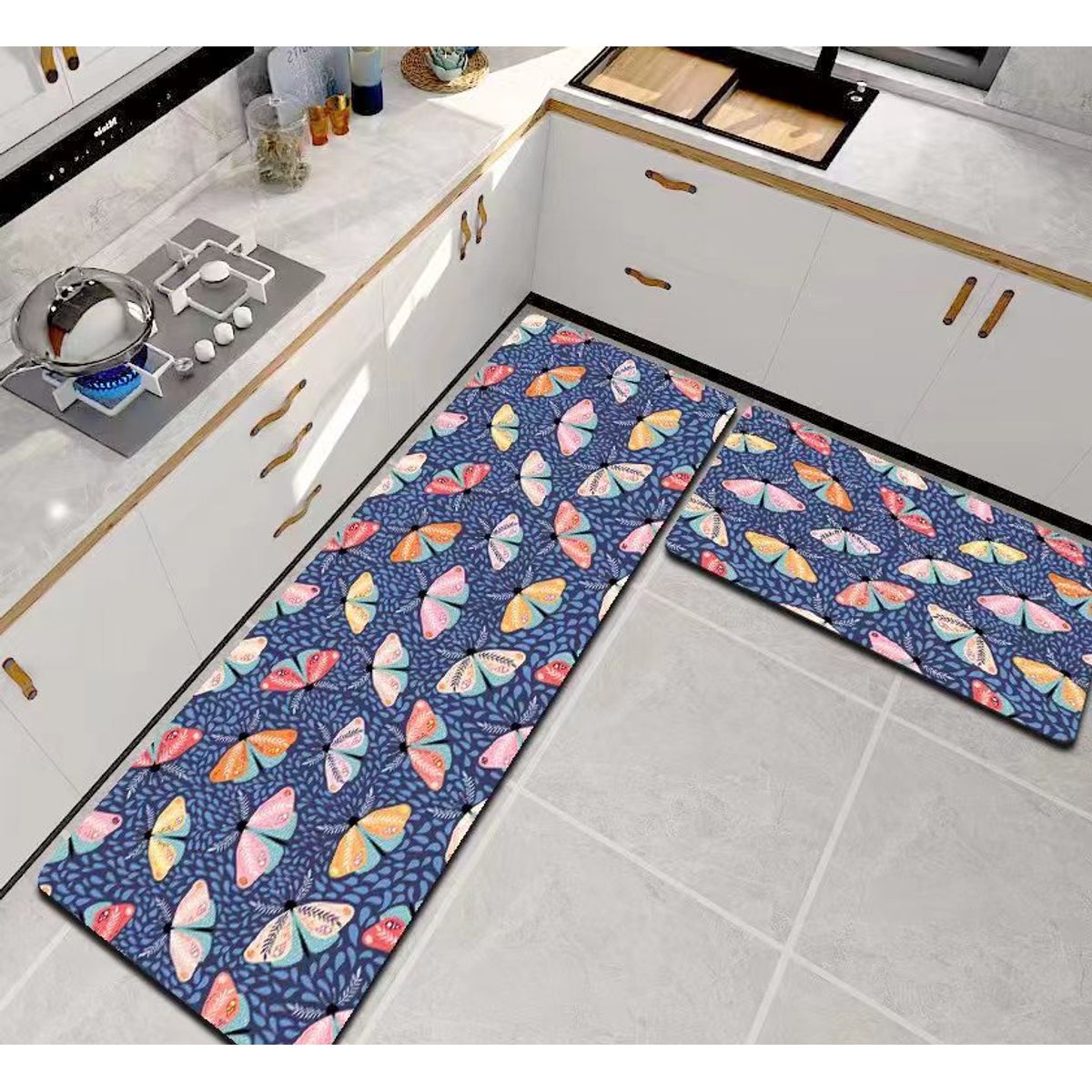 GENERICO - ALFOMBRA DE COCINA 2 PIEZAS DISEÑO MARIPOSAS LILA TENG FEI