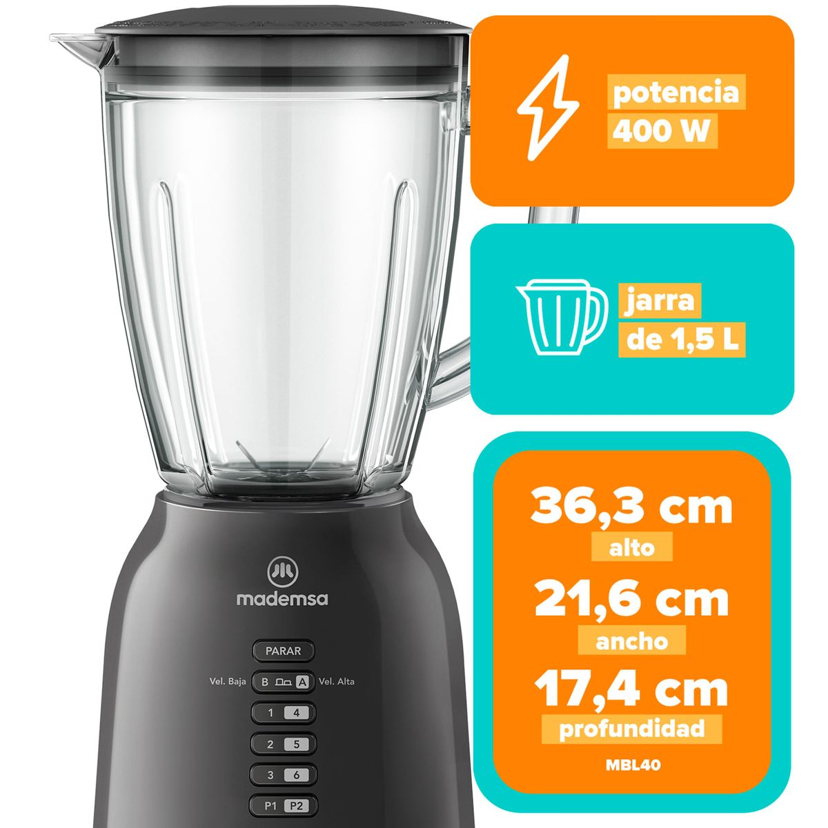 MADEMSA - Licuadora Mademsa 1,5L con Jarra de Vidrio y 6 velocidades 400W MBL40 Negra