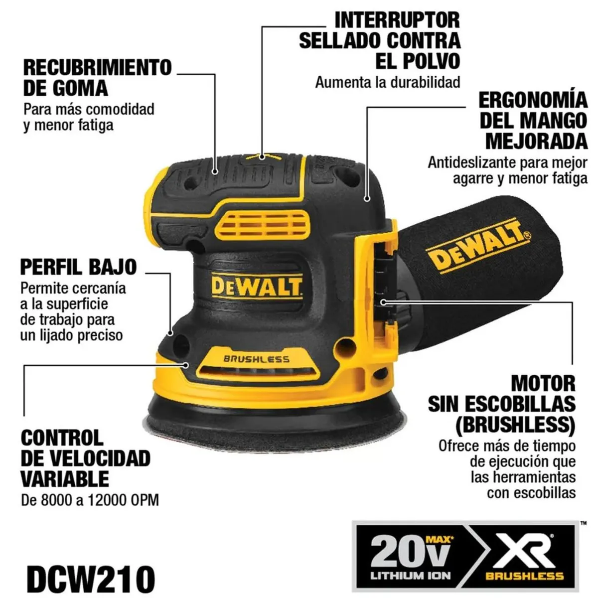 DEWALT - Lijadora Orbital Inalambrica Dewalt Dcw210b 20v Xr Bl - Ce - Negro