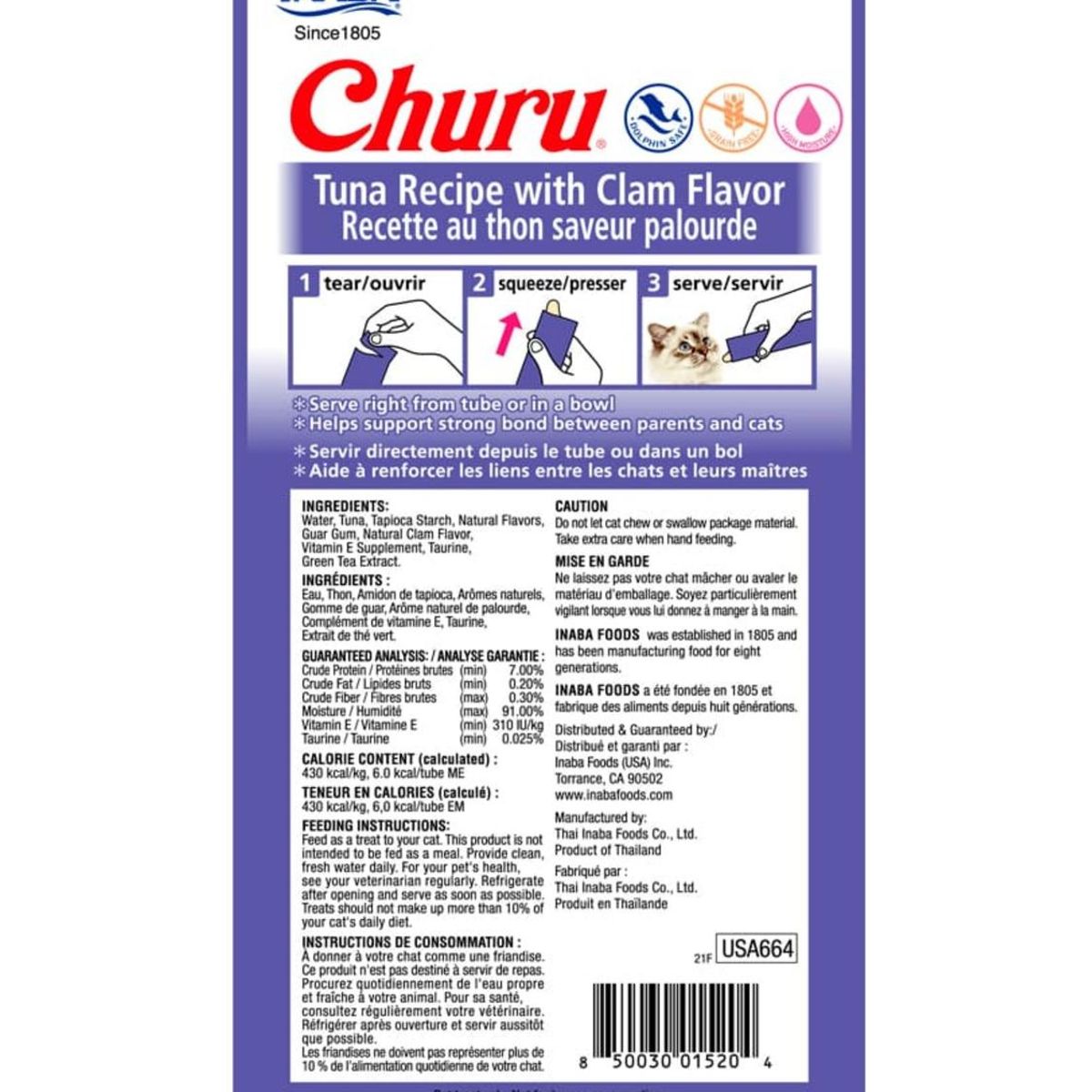 INABA - Snack Churu Gato Atún Con Sabor Calma 4 Tubos