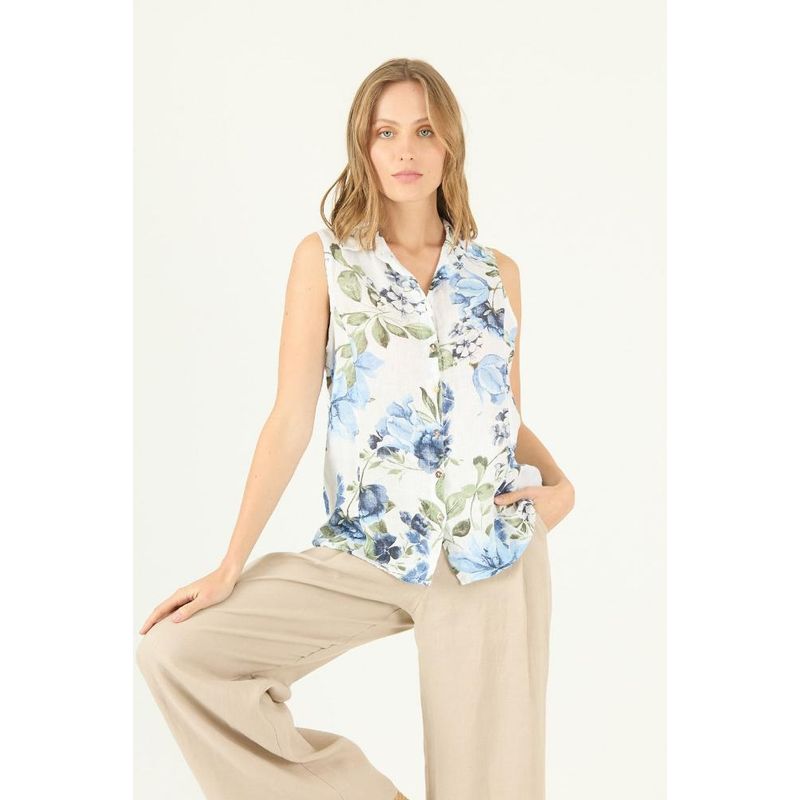 PRIVILEGE - Blusa de lino celeste estampada PRIVILEGE 1662 - Celeste_.