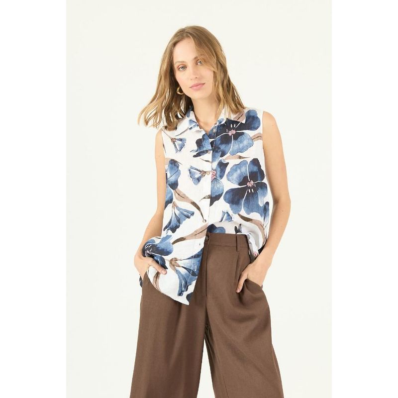 PRIVILEGE - Blusa de lino azul estampada PRIVILEGE 1658 - Azul