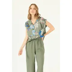 PRIVILEGE - Blusa de lino verde estampada 1632 - Verde