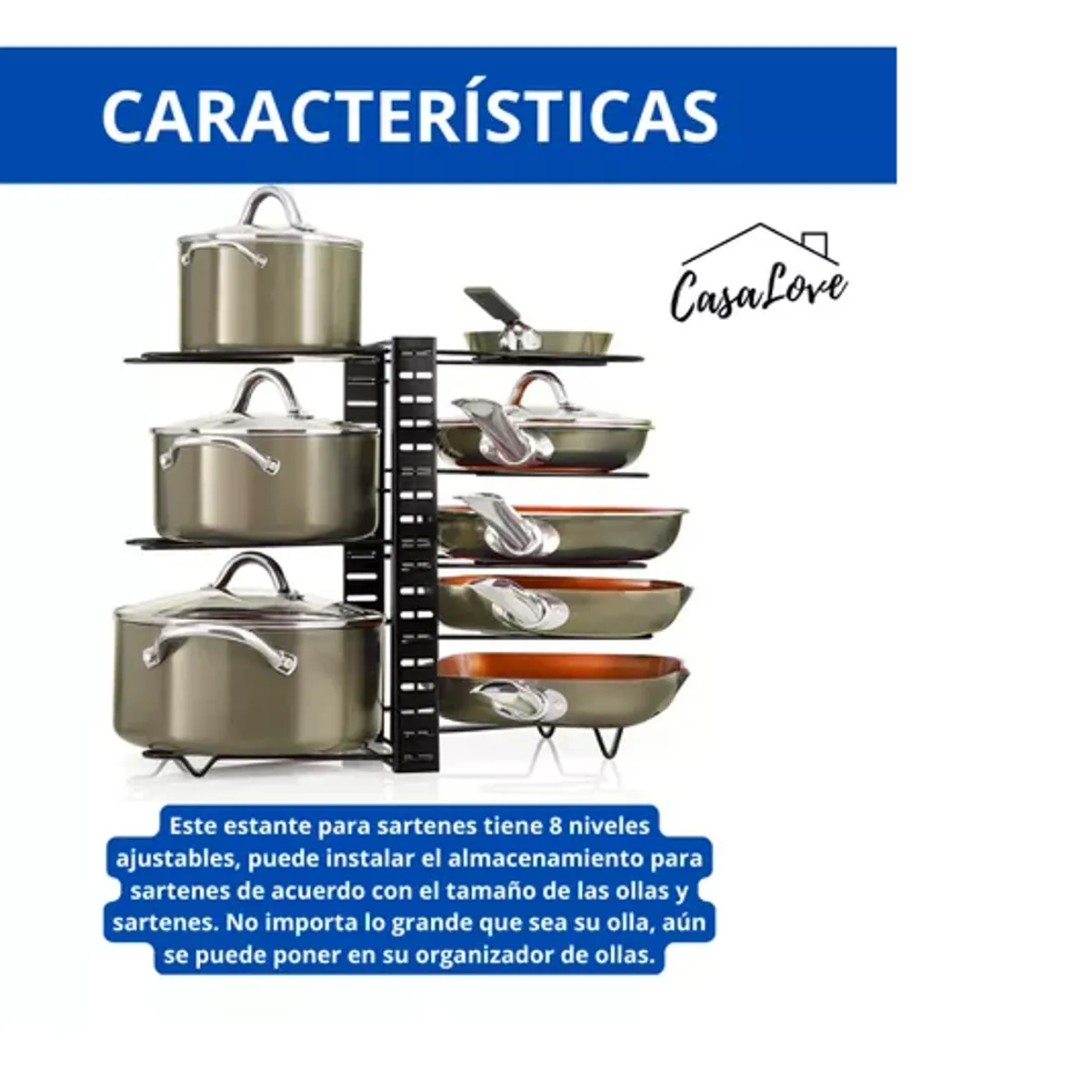 GENERICO - Organizador Cocina Ollas Tapas Sartenes 8 Estante Multiuso