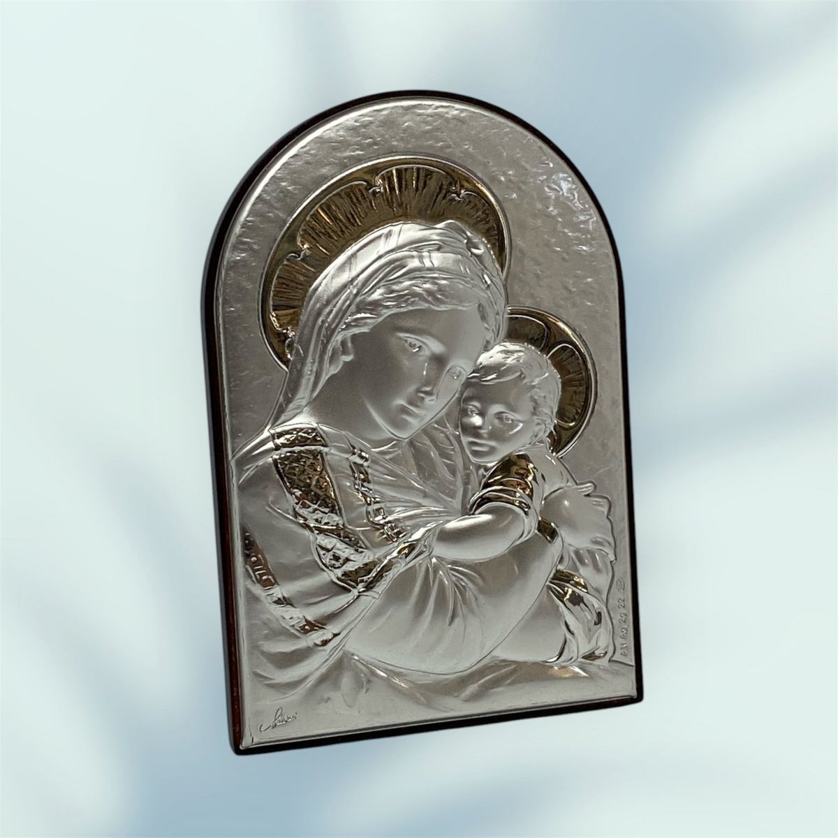 GENERICO - Cuadro Madera Semi Arco Italiano Virgen Niño , Plata 925