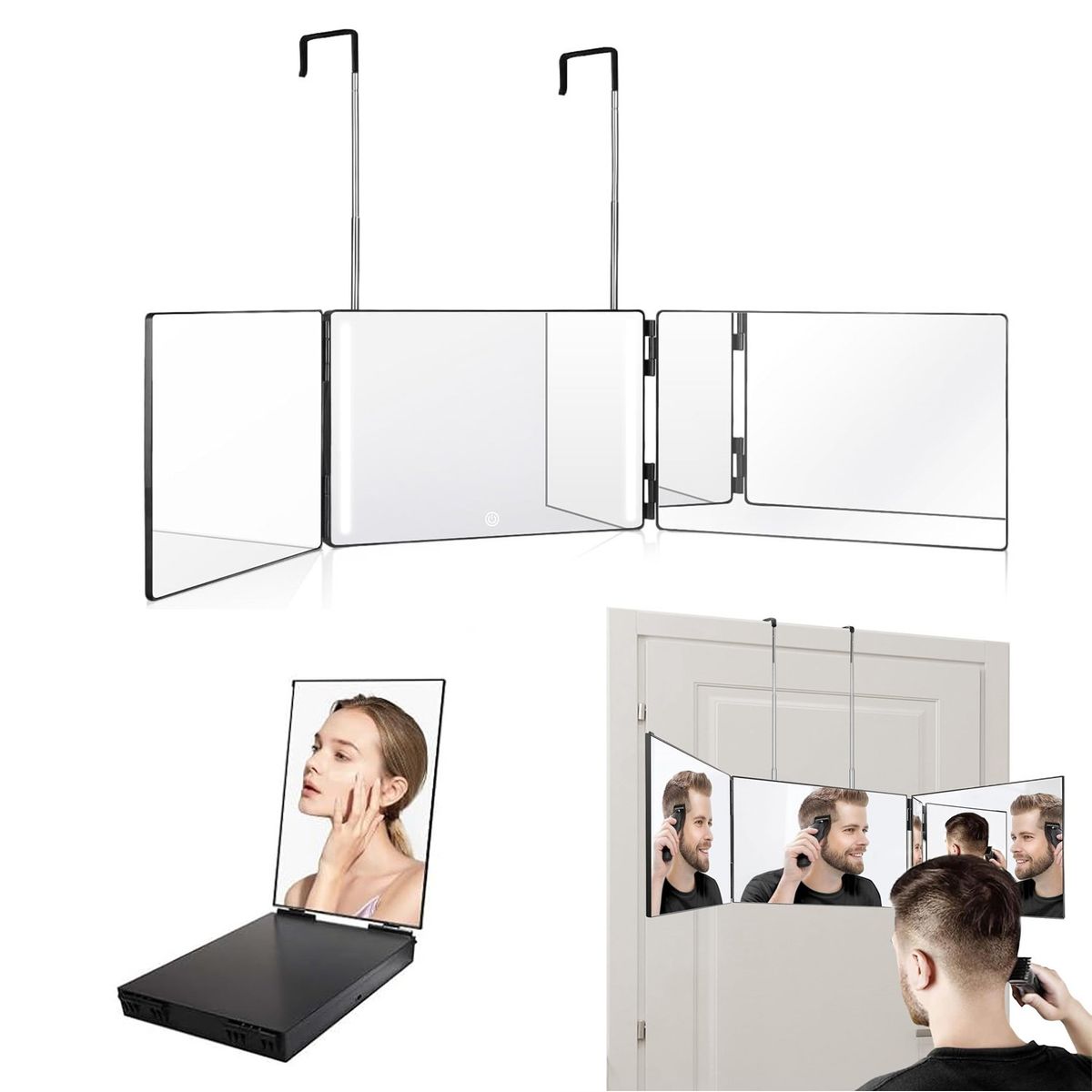 KUANGYE - Espejo De 3 Vías De Corte De Pelo Triple De 360° Con Ganchos