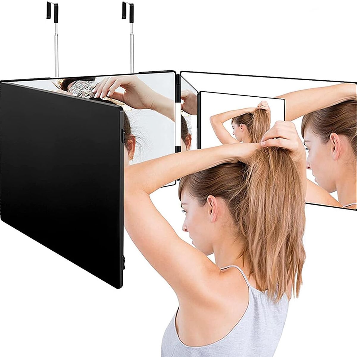 KUANGYE - Espejo De 3 Vías De Corte De Pelo Triple De 360° Con Ganchos