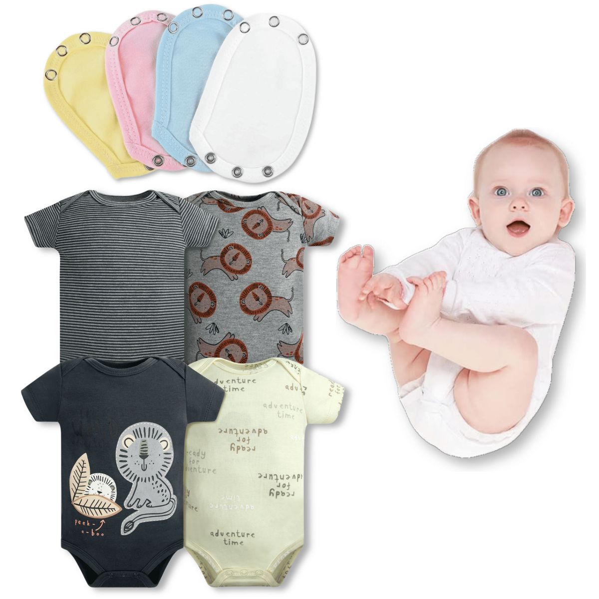 TEDMIMAK - Pack 4 Unidades Extensor Body Bebé +Pack 4 Bodys Niño Rayas Gris