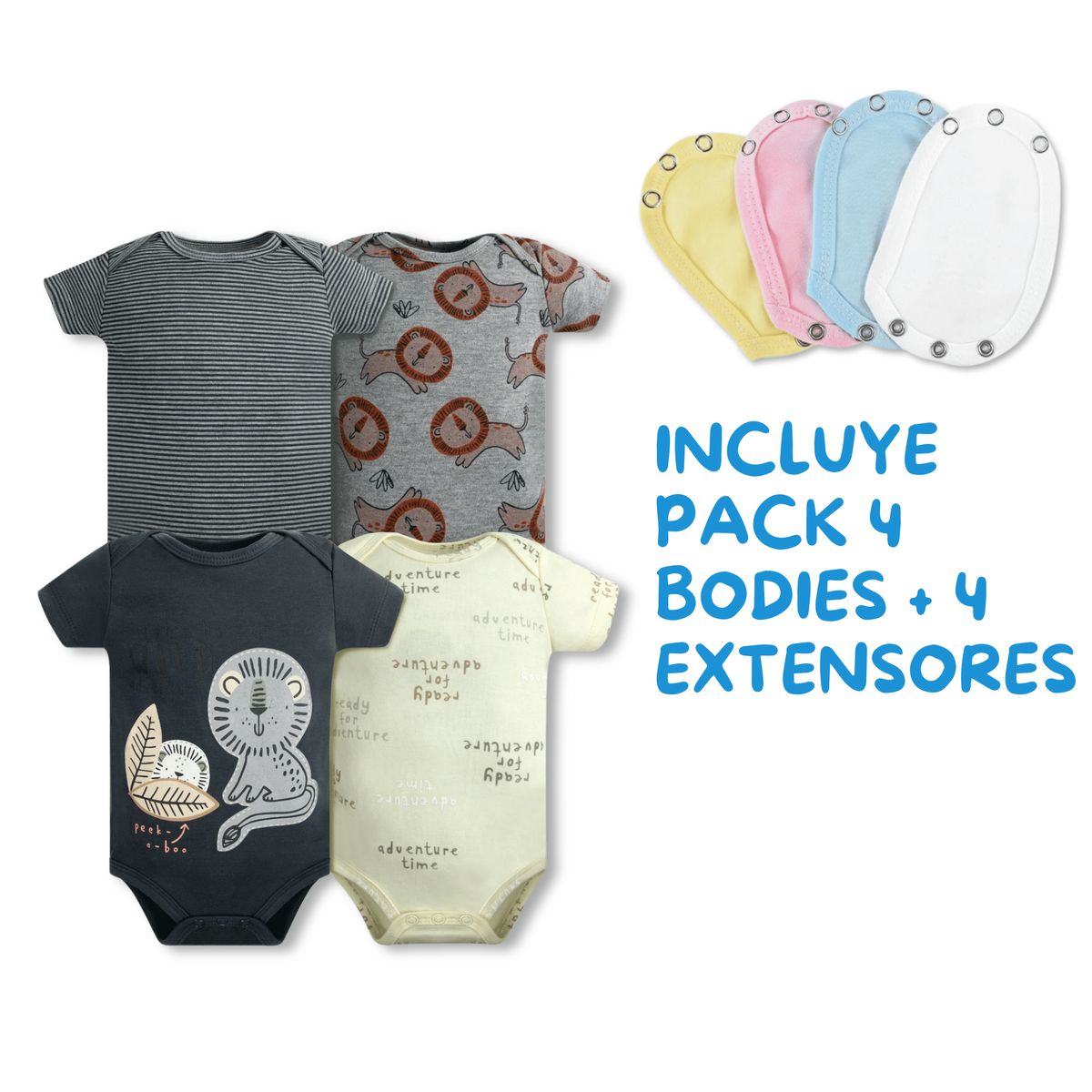 TEDMIMAK - Pack 4 Unidades Extensor Body Bebé +Pack 4 Bodys Niño Rayas Gris