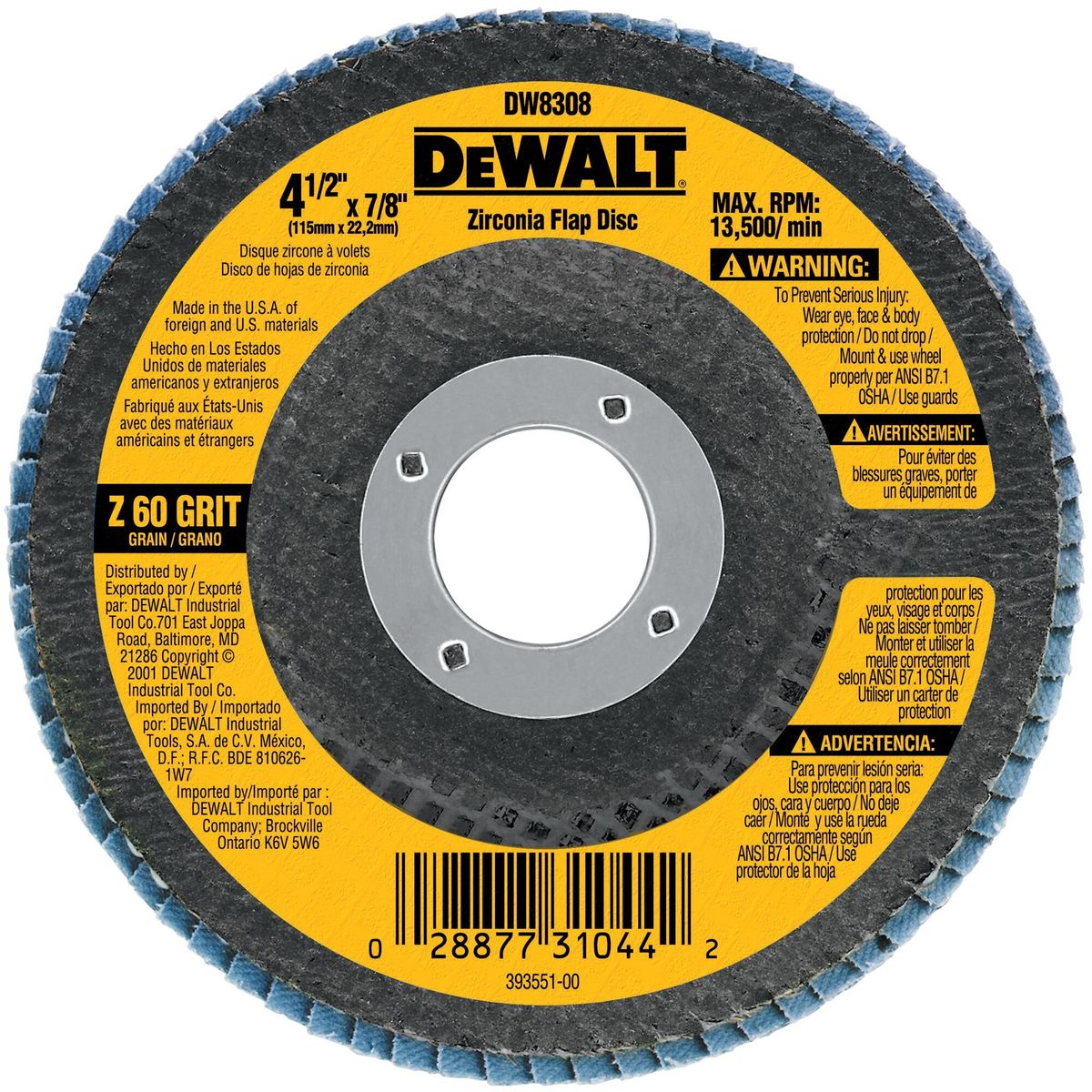 DEWALT - Disco flap de zirconio 4-1/2” grano 60 DEWALT DW8308-BR