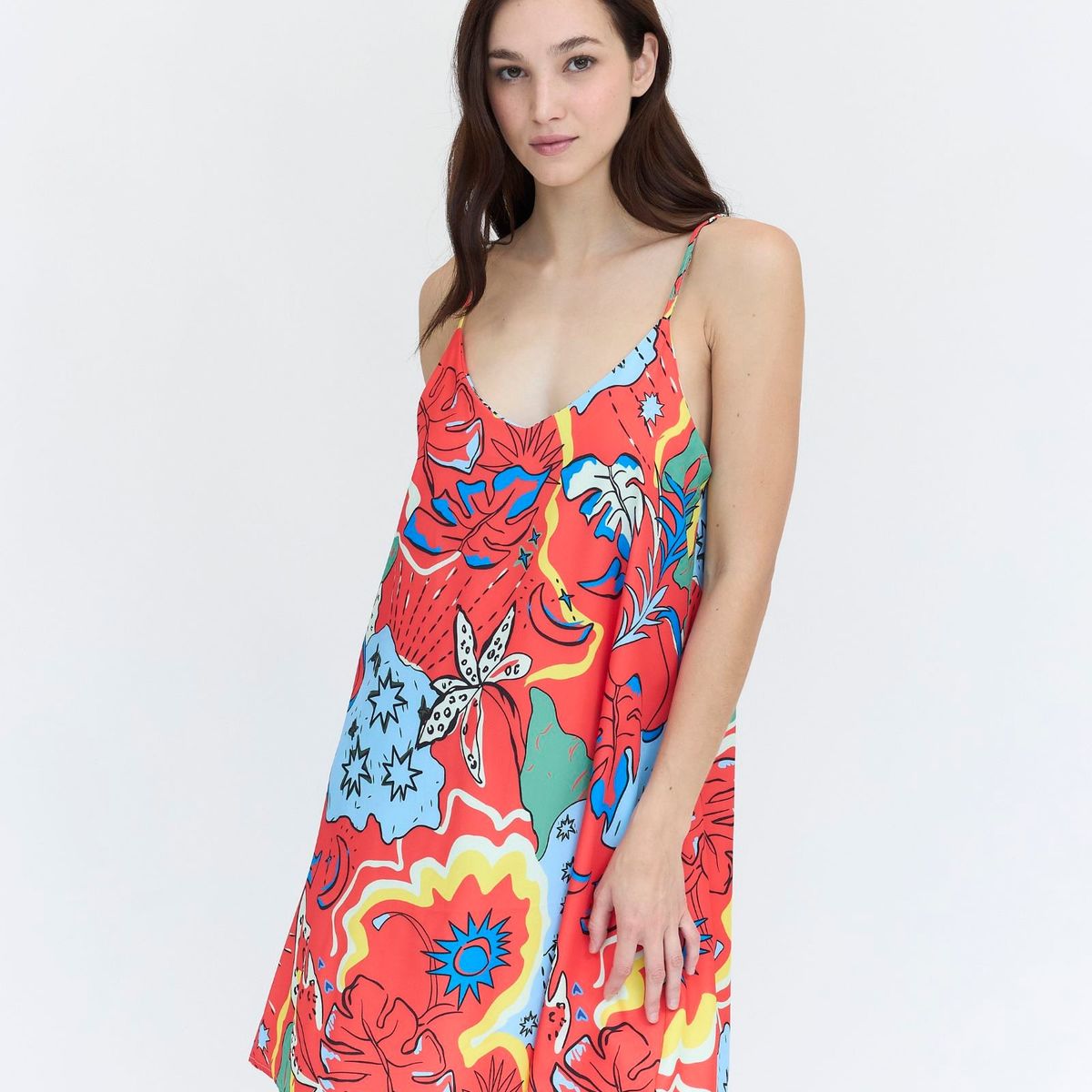 GUINDA - Vestido Corto Estampado con Tirantes DIVI