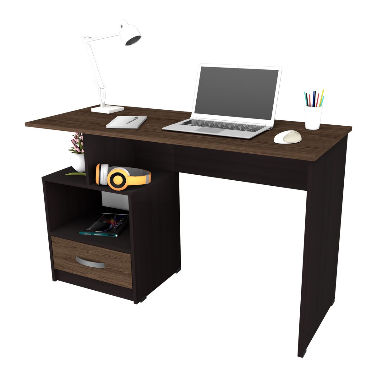 INVAL - Escritorio 1 cajón Wengue Coñac 75cm x 120cm x 50 cm ES4603