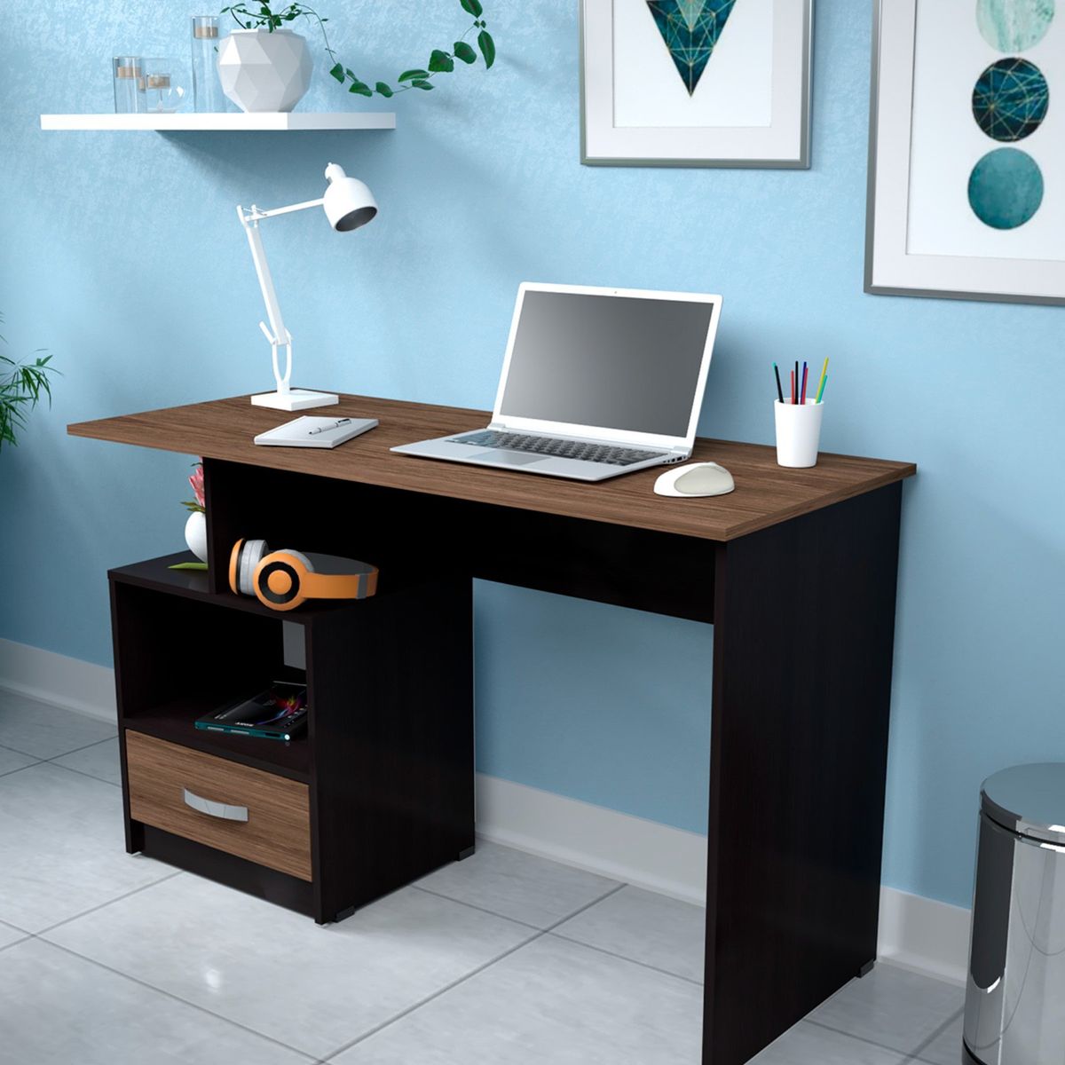 INVAL - Escritorio 1 cajón Wengue Coñac 75cm x 120cm x 50 cm ES4603