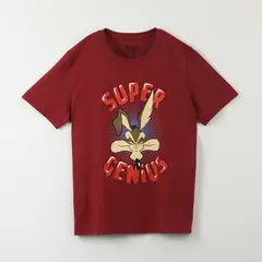 WARNER BROS - Polera Manga Corta Hombre Super Genius Burdeo Looney Tunes