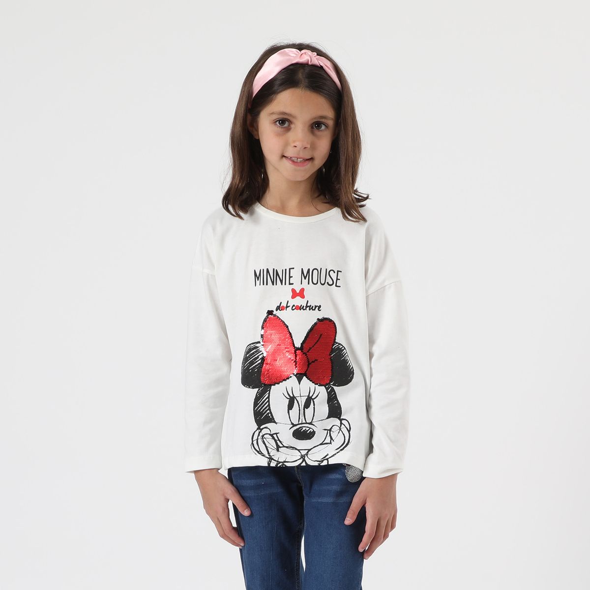 DISNEY - Polera Manga Larga Niña Minnie Dot Couture Blanco Disney