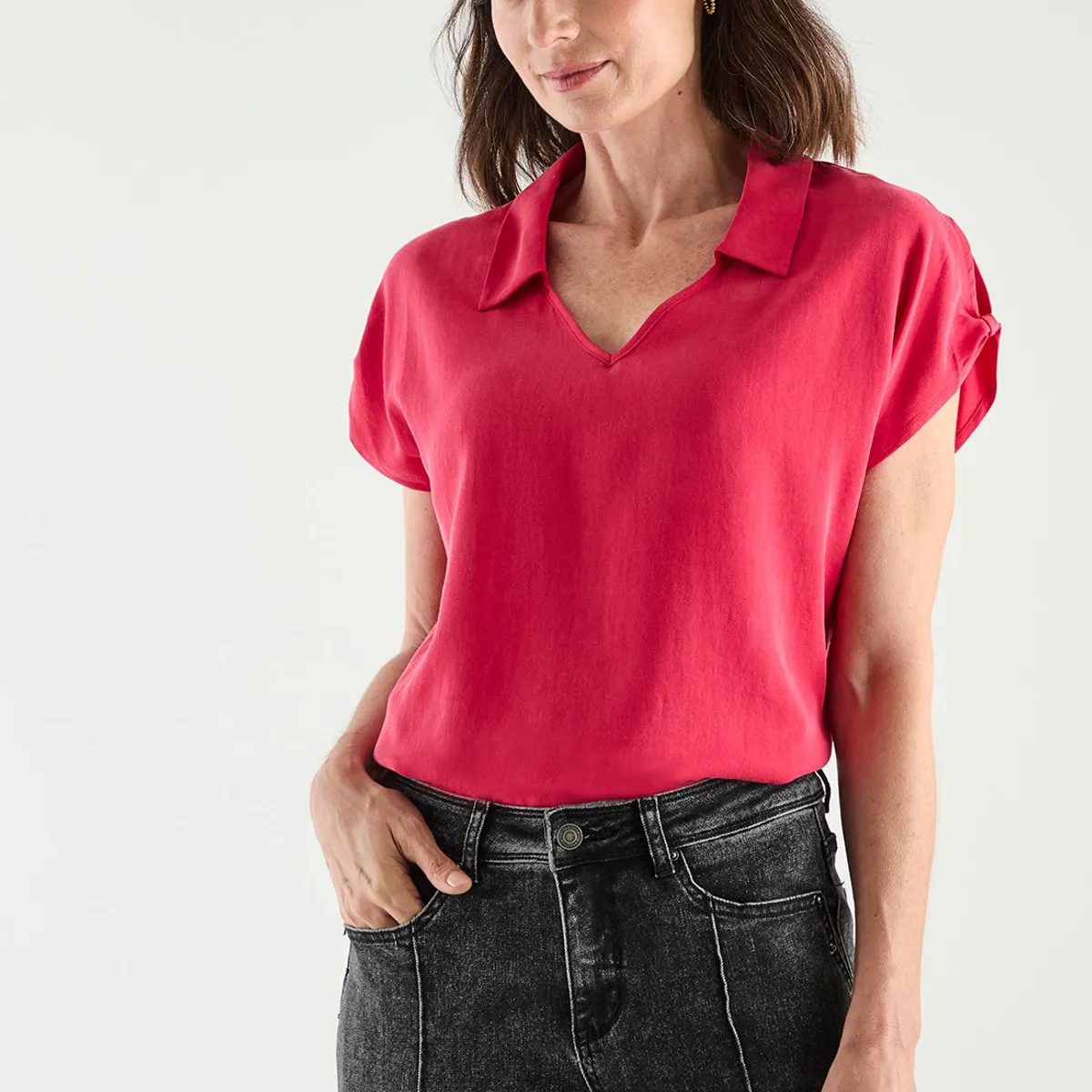 MA GRIFFE - Blusa Manga Corta Fucsia Mujer Magriffe