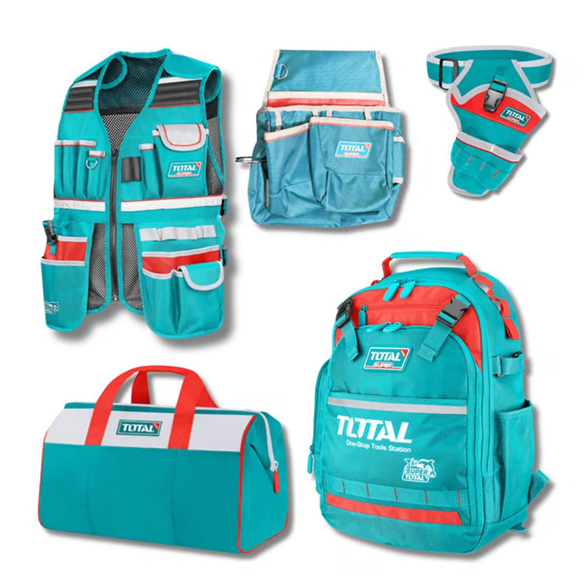 TOTAL TOOLS - Kit Mochila+ Chaleco+ Bolso+ Coleto+ Porta Taladro Total