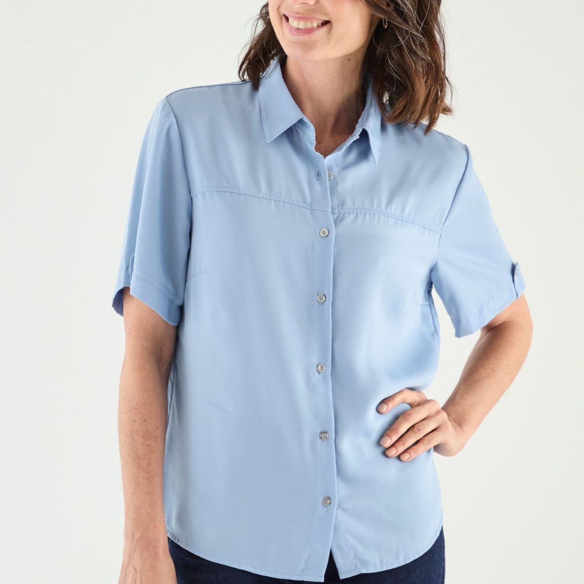 MA GRIFFE - Blusa Manga Corta Celeste Mujer Magriffe