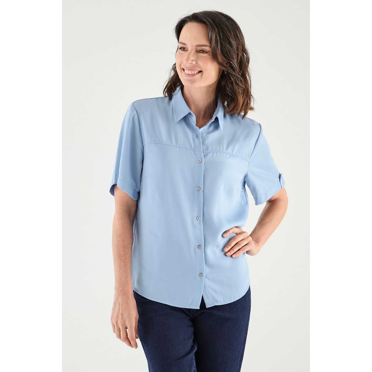 MA GRIFFE - Blusa Manga Corta Celeste Mujer Magriffe