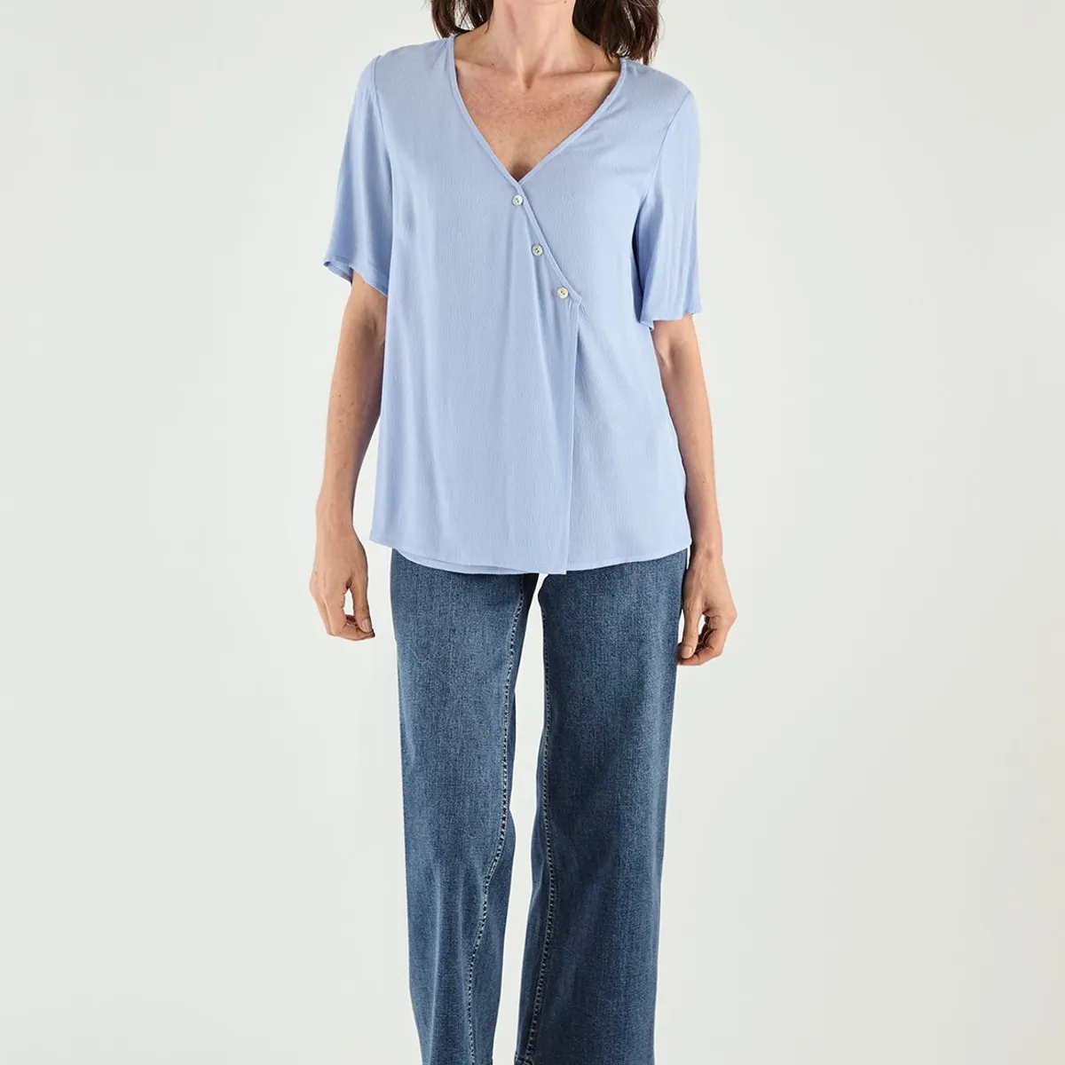 MA GRIFFE - Blusa Manga Corta Celeste Mujer Magriffe