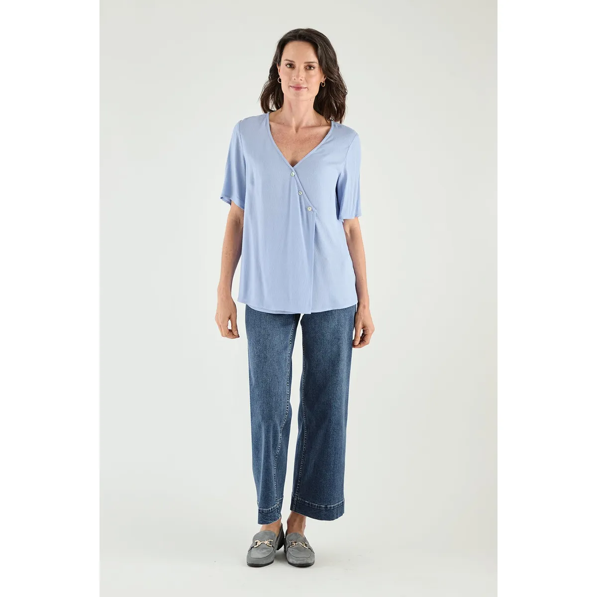 MA GRIFFE - Blusa Manga Corta Celeste Mujer Magriffe