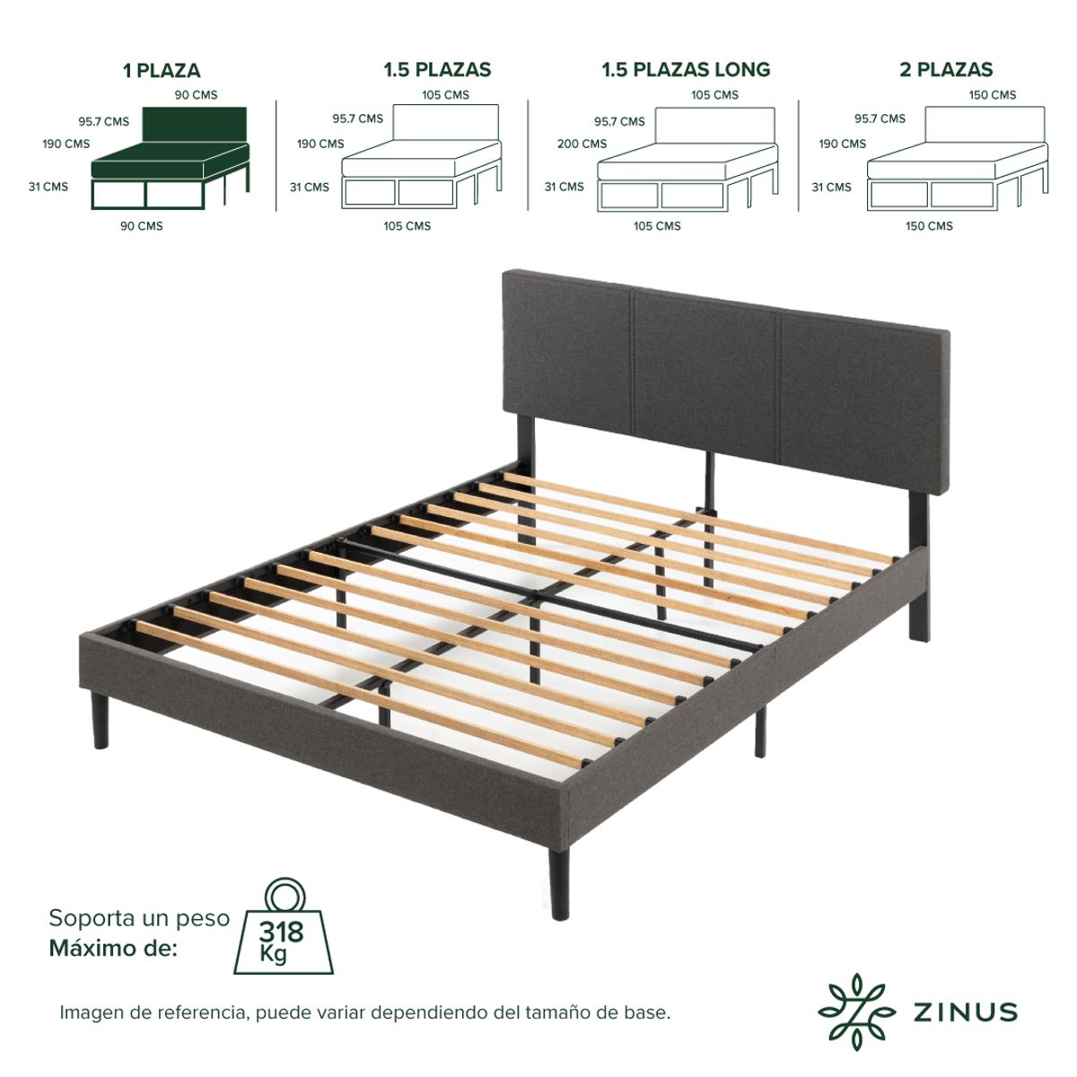 ZINUS - Base de Cama Premium Zinus 1P 90x190x30cm Cambril Respaldo