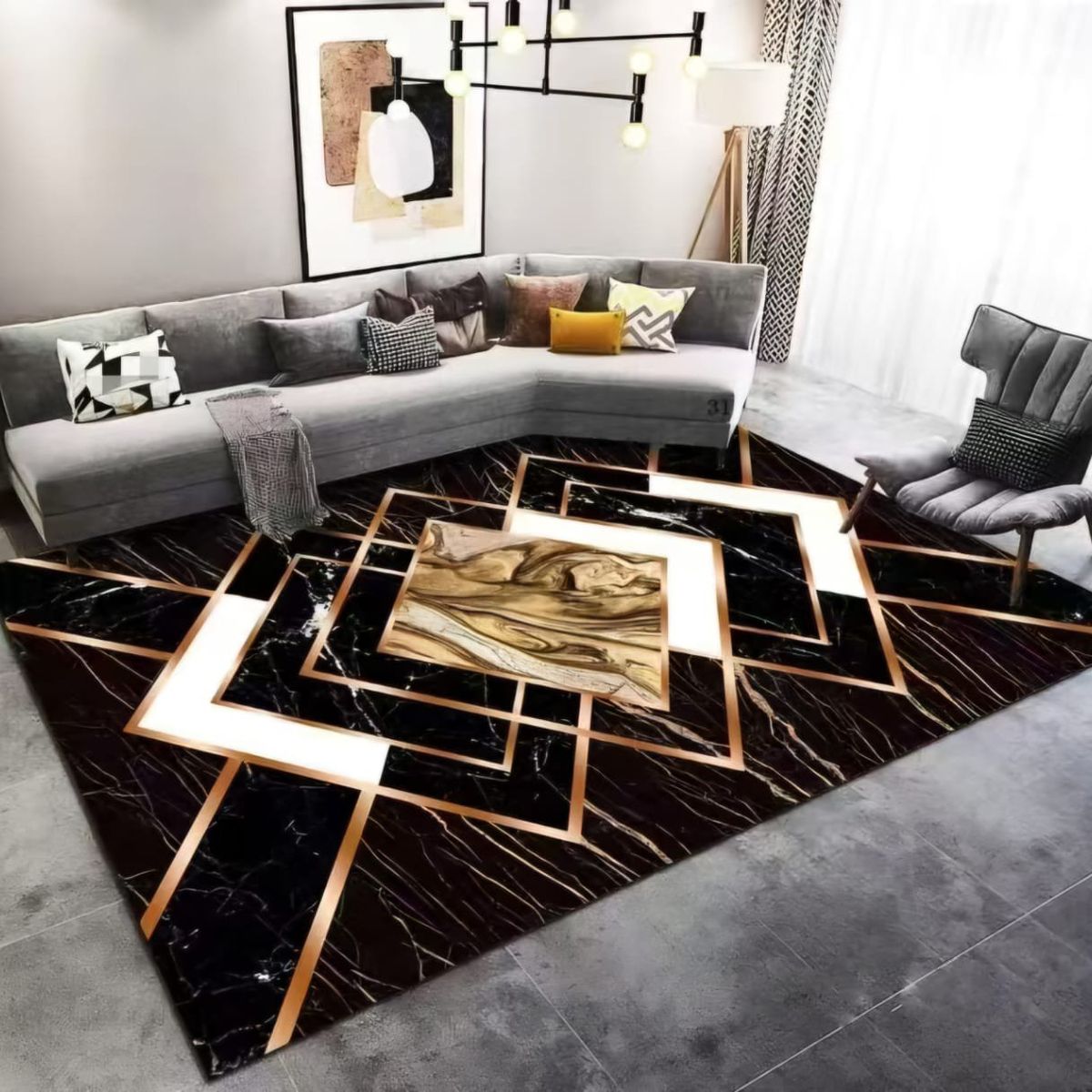 GENERICO - ALFOMBRA ANTIDESLIZANTE CON DISEÑO MARMOL NEGRO DORADO180X200CM