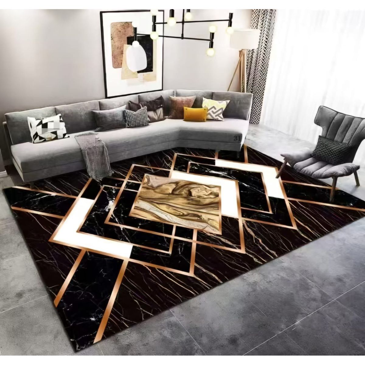 GENERICO - ALFOMBRA ANTIDESLIZANTE CON DISEÑO MARMOL NEGRO DORADO180X200CM