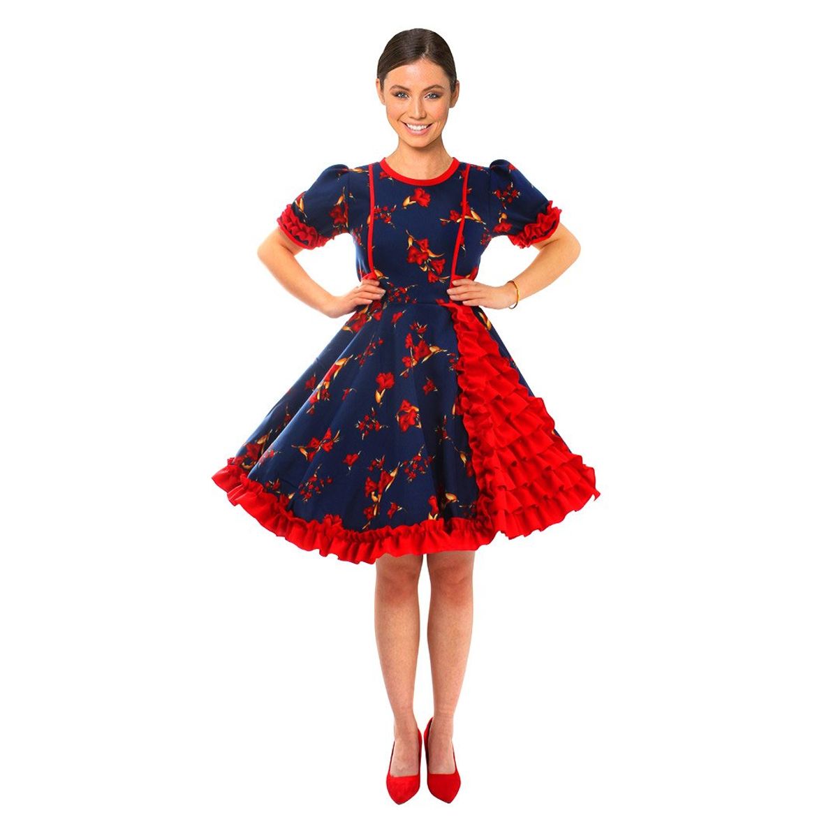 GENERICO - VESTIDO HUASA CHINITA FLOREADO AZUL/ROJO L